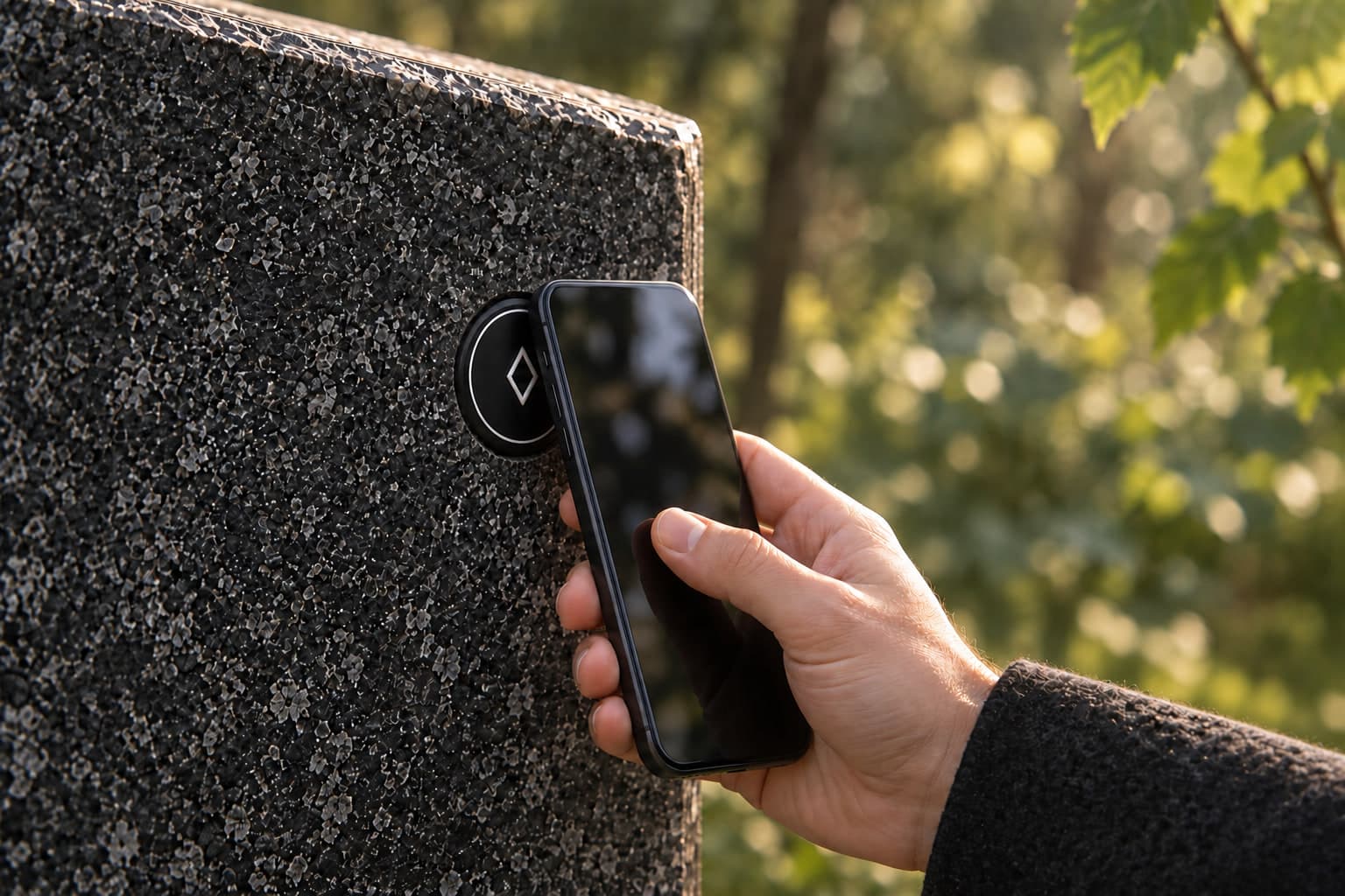 Visualisering av hur en besökare håller telefonen nära Aeternum-brickan i stenen