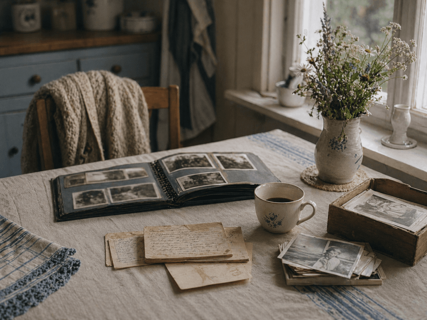 Köksbord med fotoalbum, kaffekopp och familjeminnen